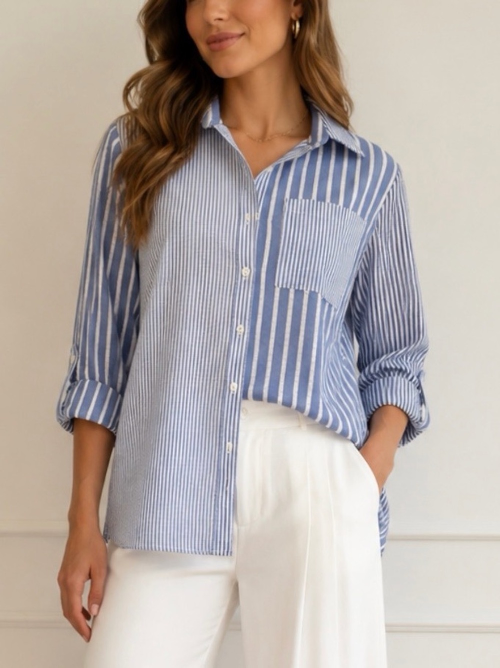 NEW Striped Button-Up Shirt in Light Blue and White